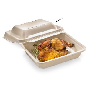 Compostable lids in unbleached sugar cane for sugar cane menu trays