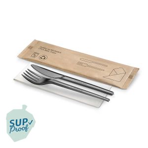 Reusable black CPLA cutlery set with knife, fork and napkin