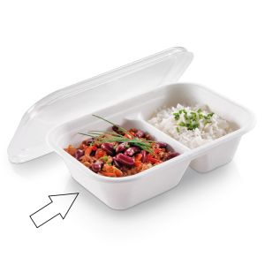 Compostable 2 compartment biolaminated mealbox in sugar cane