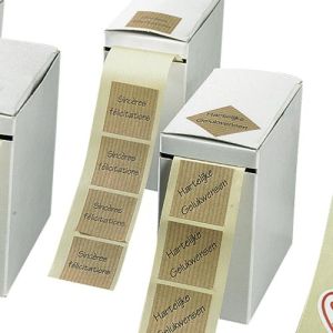 Brown self-adhesive gift labels with blue print