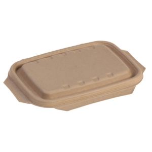Compostable lids in unbleached sugar cane for meal box