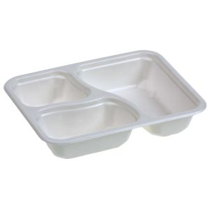 Compostable 3 compartment biolaminated mealbox in sugar cane