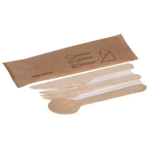 Wooden cutllery set with knife, fork, spoon and napkin