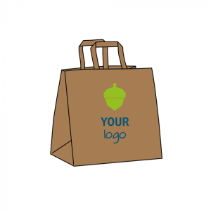 Bruine papieren draagtas met vlakke handgrepen met jouw logo in 2 kleuren - Take Away L