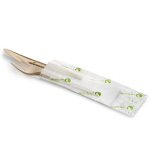 Set de couverts réutilisables compostables Bio naturel en CPLA avec couteau, fourchette et serviette