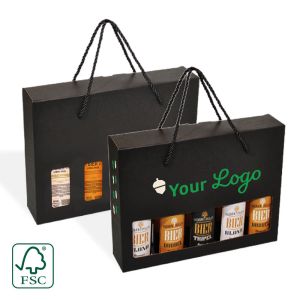 Zwarte biergeschenkdoos voor 5 bierflessen met koordhandvat - met jouw logo