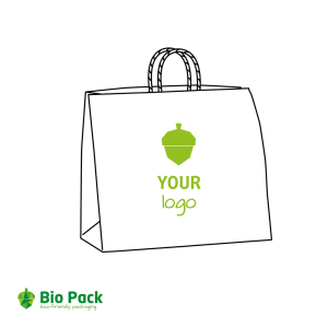 Witte papieren draagtassen met gedraaide handgrepen met jouw logo in 1 kleur - L