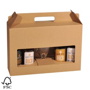 Carrier carton for 4 beer bottles with 1 glass