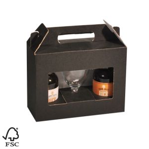 Black carrying case for 2 thick-bottomed beer bottles with 1 glass
