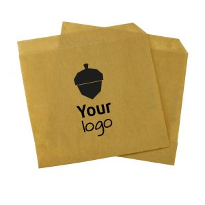 Bruine tweezijdig open snackzakjes in vetvrij papier 16 x 16 met jouw logo in 1 kleur