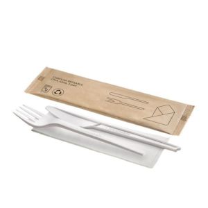 Set de couverts CPLA blanc réutilisable avec couteau, fourchette et serviette