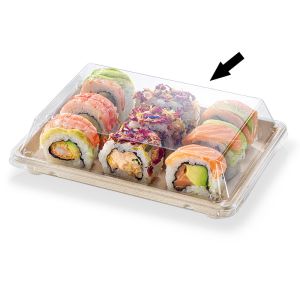 Composteerbare antifog deksels in PLA voor sushi schaaltjes in suikerriet SR0024763